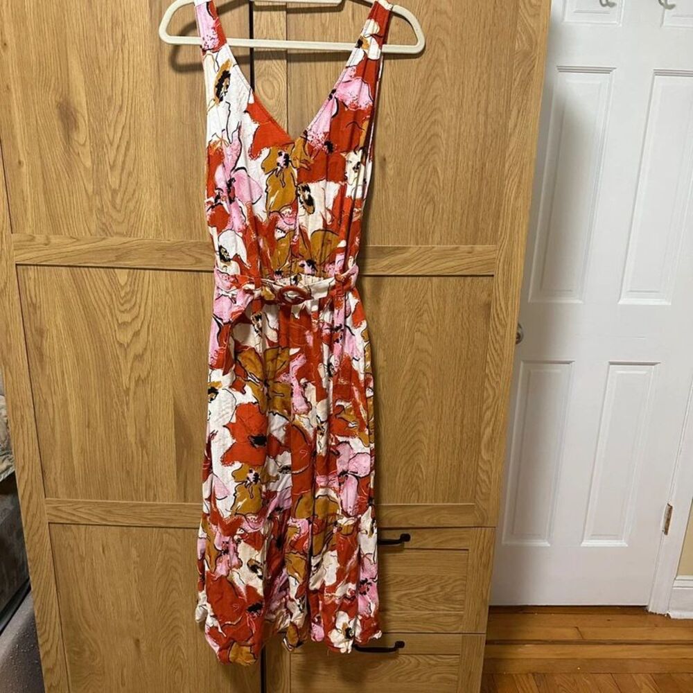 Nine West XXL Linen Blend Floral Maxi Dress Belted Pockets Side Zip Ruffle